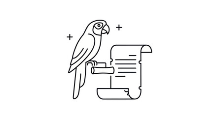 A minimalist line art illustration of a parrot perched on a rolled parchment scroll.