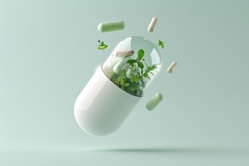 Open supplement capsule with floating herbs and nutrients
