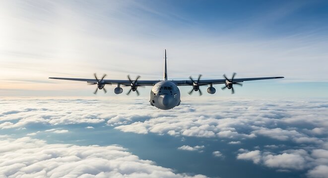 A c130 hercules aircraft flies above a sea of clouds during a mission