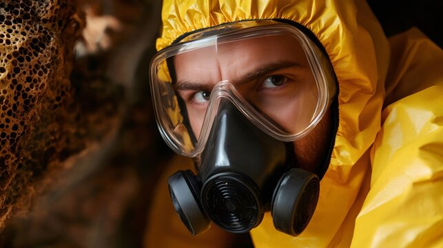 Scientist wearing hazmat suit and gas mask analyzing dangerous honeycomb