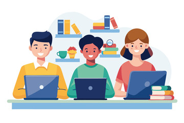 Three diverse young adults use laptops at a desk filled with books and food