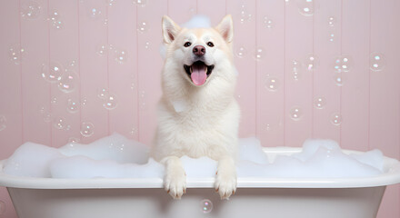 Samoyed in White Tub &ndash; Whimsical Grooming Scene with Floating Bubbles