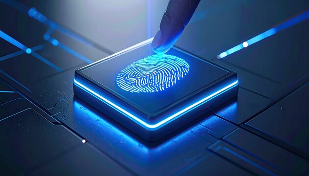 Digital Fingerprint Scanning on Lit Square with Blue Hue and Futuristic Circuitry Background for Data Encryption Security Authentication and Identification