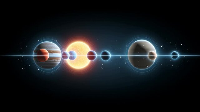 A colorful line of planets with the sun in the middle. The planets are in order from the sun, with the innermost planet being Mercury and the outermost being Neptune
