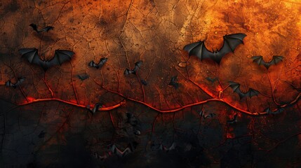 Dark Bats Racing Through Mystical Orange and Black Evening Sky