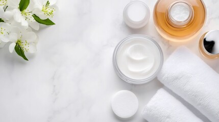 Cosmetic products and jasmine flowers decorating a white marble table