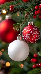 Obraz premium Red and white christmas baubles hanging on a christmas tree with bokeh effect