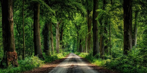 Forest road flanked by tall, green trees with foliage creating a tunnel effect and dappled sunlight on the path