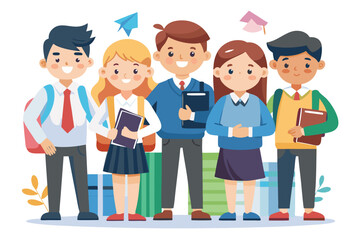 Fototapeta premium Diverse cartoon students stand together holding books against a stack of school supplies, smiling