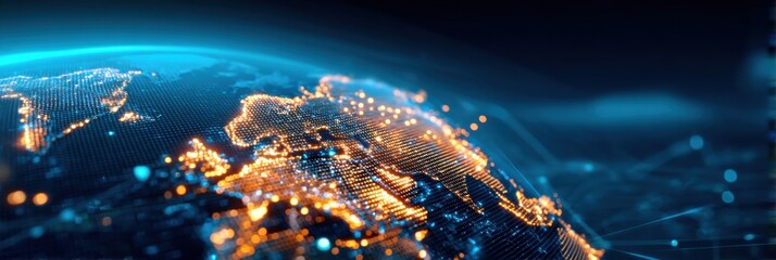 A digital representation of Earth showcasing illuminated cityscapes, highlighting connectivity and technology in a vibrant, high-tech aesthetic.