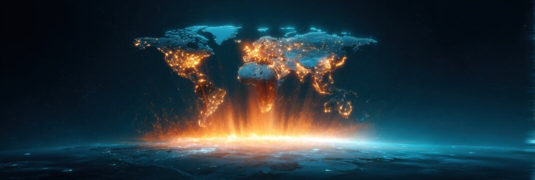 A digital representation of a glowing world map with fiery elements, symbolizing global awareness or environmental issues.