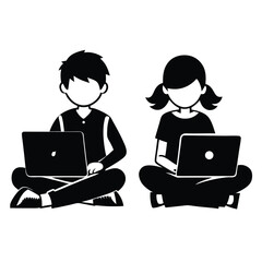 Faceless boy and girl sit crosslegged, using laptop computers in a simple monochrome style