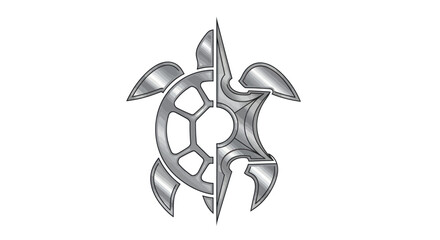 Stylized Metallic Turtle Emblem with Geometric and Organic Elements.