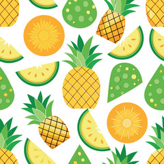 Vector art of seamless pattern of pineapples and pineapple slices, tropical fruit illustration transparent background
