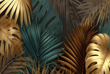 Lush foliage abstract Golden and teal palm and Monstera leaves create a rich, painterly texture against a dark backdrop