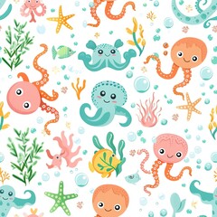 Aquatic Adventure: Friendly Octopus, Smiling Fish, Curious Seahorse, Adorable Sealife Faces Among Seaweed and Coral, Aqua Blue and Seafoam Green on White, Whimsical Child-Friendly Seamless Home Textil