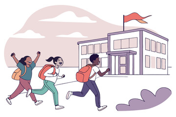 Smiling multiethnic students wearing backpacks are joyfully running towards the school building