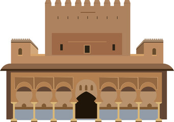 Vector illustration of an Arabian-style palace with arches and fortress elements.
