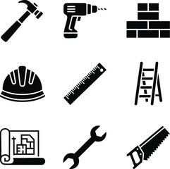 Fototapeta premium Black silhouette vector icons for construction and DIY projects. Features essential tools like hammer, drill, and hard hat, isolated on white