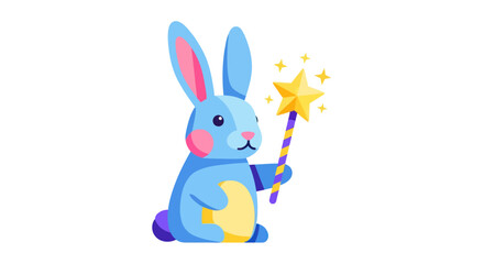 Adorable blue cartoon rabbit holding a sparkling magic wand.