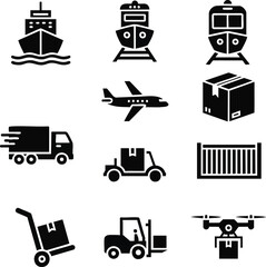 Black vector icons for logistics and transportation. Includes ship, train, plane, truck, package, and drone. Ideal for e-commerce and supply chain