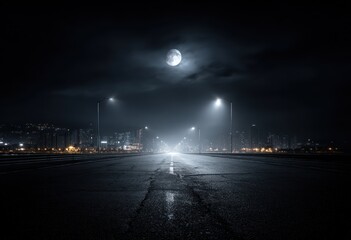 Moonlit road to city A long, dark asphalt road stretches towards city lights under a cloudy night sky illuminated by a full moon and streetlights