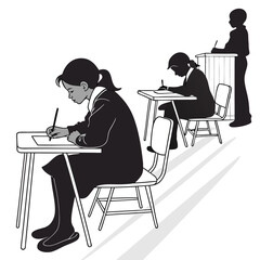 Young students at desks write with pens under watchful eye of a teacher