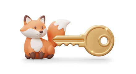 Adorable Cartoon Fox Holding a Golden Key Illustration.