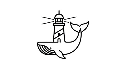 A minimalist line art logo of a whale combined with a shining lighthouse.