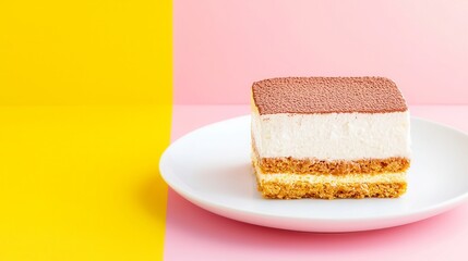 Colorful dessert slice on a plate, vibrant yellow and pink background highlighting creamy layers and inviting sweetness.