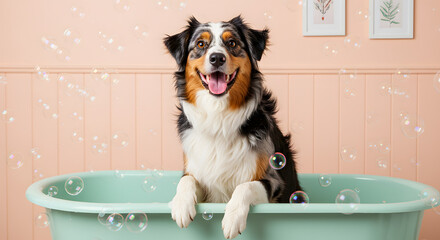 Australian Shepherd Bath &ndash; Whimsical Scene with Pink Panel Backdrop