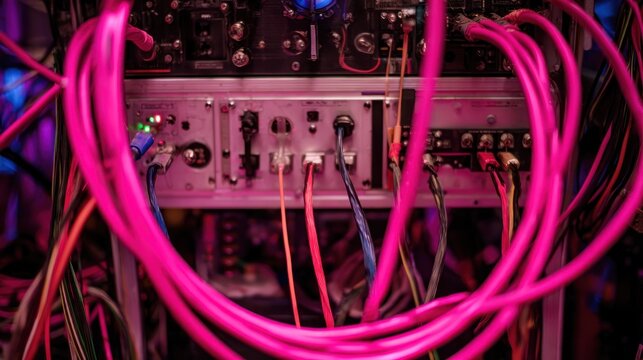 Complex network of vibrant cables and equipment racks. Hardware, connections, and vibrant colors create a sense of organized technological chaos - Powered by Adobe
