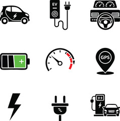 Clean vector icons for electric vehicles and automotive technology. Features EV car, charging, battery, speedometer, GPS, and power