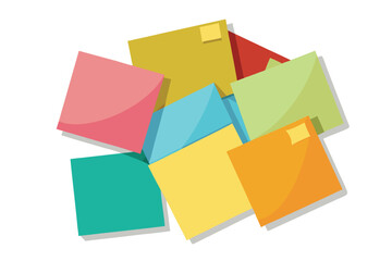 Colorful square sticky notes create an organized yet vibrant pile on the white background
