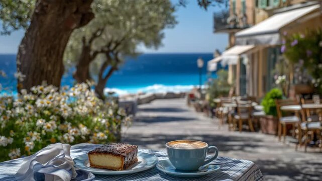 Enjoy a serene seaside moment in Nice, France, with a citron tart and caf&eacute; au lait at an outdoor caf&eacute;, as the sea breeze gently ruffles a linen napkin.