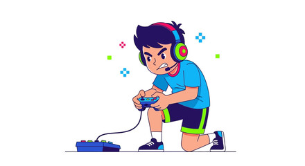 Fototapeta premium Enthusiastic Gamer Concentrates On Playing Video Games With A Controller And Headset