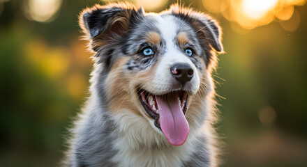 Australian Shepherd Close-Up &ndash; Blue Eyes & Multicolor Coat in Serene Outdoor Glow