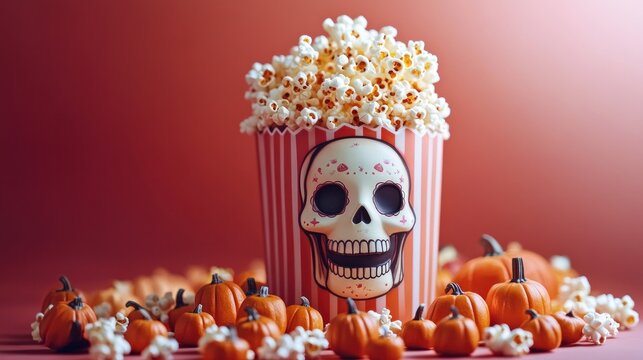 Halloween themed popcorn bucket with skull and pumpkins against a red backdrop