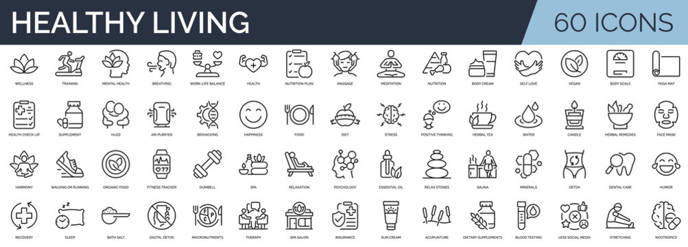Set of 60 outline icons related to healthy living, well-being. Linear icon collection. Editable stroke. Vector illustration