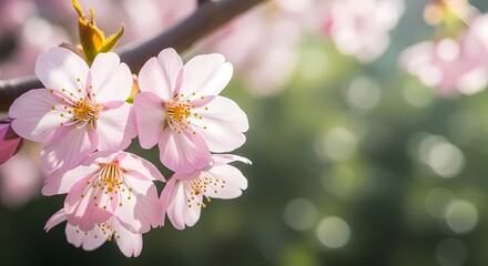 Obraz premium Delicate pink cherry blossom flowers bloom in springtime sunlight