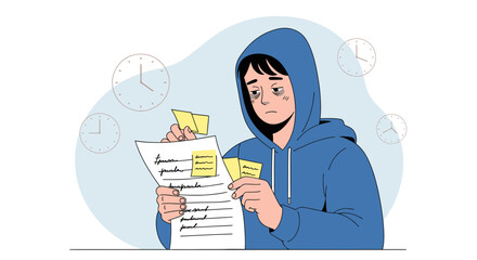 Exhausted Person Analyzing Documents While Time Passes, Stress Or Overwork Concept