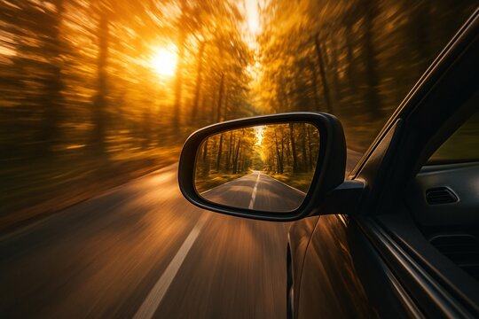 Car side mirror showing road through autumn forest