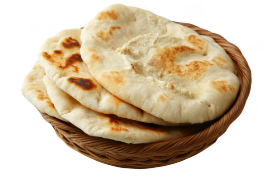 Delicious naan bread stack in woven basket, indian flatbread food photography, culinary delights, freshly baked naan isolated on transparent background