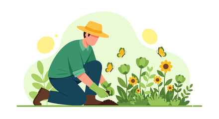 Gardener Tending Floral Blooms Surrounded By Fluttering Butterflies In A Serene Setting