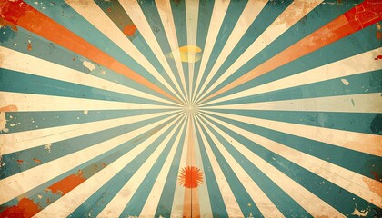 Distressed Retro Burst Pattern with Blue White and Orange Rays on a Grunge Beige Background for Vintage or Abstract Design and Textures