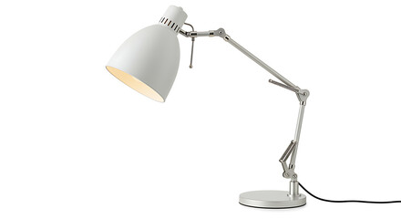Elegant Silver Articulated Desk Lamp Providing Focused Illumination on a Clean White Background for Workspace Enhancement and Functional Lighting Solutions.