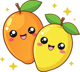 Vector art of two cute mango fruits with happy faces transparent background