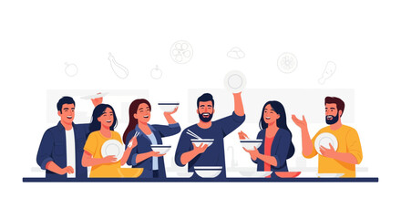Obraz premium Gathering Of Friends Enjoying Bowls And Plates In Cheerful And Vibrant Illustration