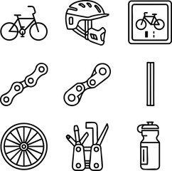 Cycling elements illustration. A set of icons representing cycling, showing a bike, helmet, chain, tool and other accessories
