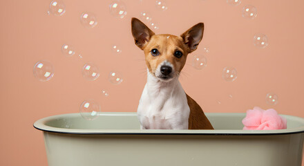 Small Dog Bath &ndash; Whimsical Grooming Scene with Floating Bubbles